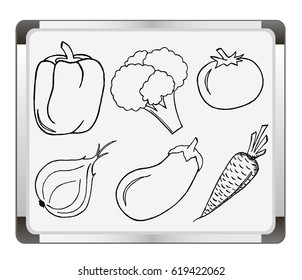 Vegetables set on flip chart background. Free hand drawn. Vector illustration. Pepper, tomato, carrot, onion, eggplant, broccoli. 
