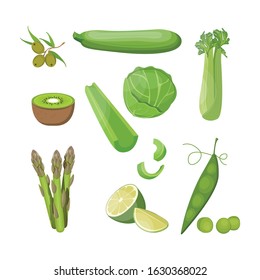 Vegetables set on white. All the fresh and healthy vegetables including peas, parsley, lettuce, olive, squash, celery, asparagus, celery, kiwi, cabbage, lime.