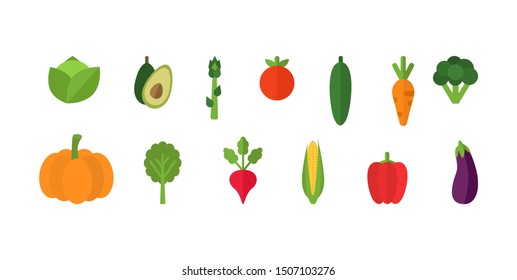 Vegetables set on white background. Fresh organic vegetables. Set of natural crops, vegetarian products, fresh healthy food. Vector illustration.