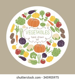 Vegetables set on white circle background. Vector illustration.