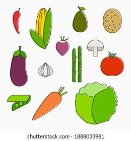 Vegetables set. Outline, coloring book style.