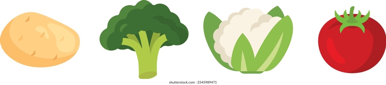 Legumes conjunto com batata, brócolis, couve-flor, tomate; ilustrações planas isoladas em fundo transparente