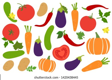 Vegetables set. Potato, cucumber, tomato, pepper, chili, carrot, pumpkin and eggplant. Paprika. Hand drawn doodle vector sketch. Healthy food collection. Vegetarian product. Vegan menu