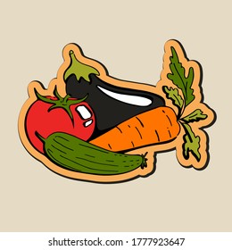 Vegetables set realistic design. Cucumber, tomato, eggplant, carrot with leaves. Raw green, red, brown, orange veggies doodle style. Healthy food, organic vitamins concept. Vegetarian natural diet. 