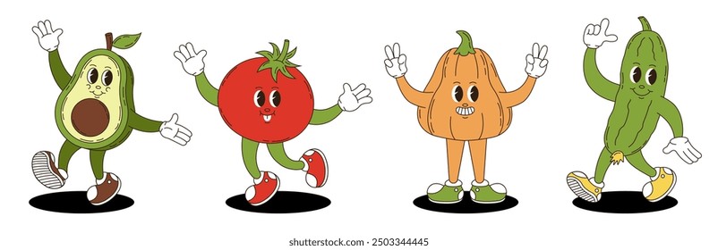 Vegetables set in retro groovy style. Groovy retro characters of avocado, tomato, pumpkin, cucumber.