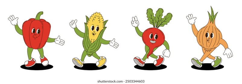 Vegetables set in retro groovy style. Groovy retro characters of bell pepper, corn, radish, onion.