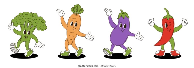 Vegetables set in retro groovy style. Groovy retro characters of broccoli, carrots, eggplant, chili pepper.
