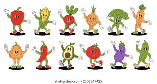 Vegetables set in retro groovy style. Groovy retro characters of vegetables.