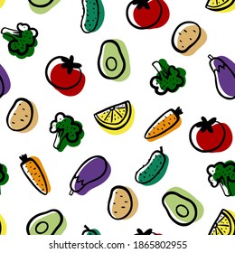 Vegetables set Seamless pattern. Broccoli, avocado, carrot, potato, tomato, cucumber, eggplant, lemon on white background. Hand drawn fresh vegetables. Vector healthy food, gardening, vegetarian 