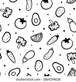 Vegetables set Seamless pattern. Broccoli, avocado, carrot, potato, tomato, cucumber, eggplant, lemon on white background. Hand drawn doodle vegetables. Vector healthy food, garden, vegetarian menu