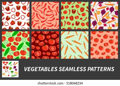 Vegetables. Set of seamless patterns and a set of vegetables isolated on a white background. Vector illustration.