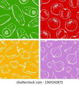 Vegetables set of seamless patterns. Monochrome contour image. Vector simple illustration of cucumber, tomato, bell pepper, garlic.