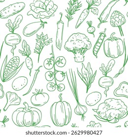 Vegetables, set of sketch food illustrations, seamless pattern, vector, hand drawn, monochrome