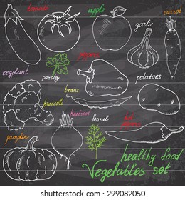 Vegetables Set Sketch With Pumpkin, Tomato, Eeg Plant, Potato, Peppers. Doodles Set With Lettering, Hand-Drawn Vector Illustration On Chalkboard Background