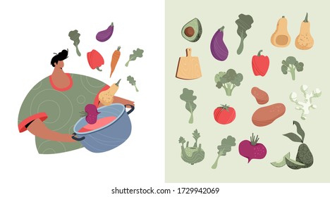 Vegetables set trendy  illustration. Greenery pack with modern man character with saucepan in hand.