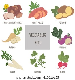 Vegetables. A set of vector icons in flat style.