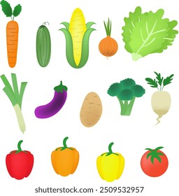 Las verduras fijan el elemento de la Ilustración vectorial: zanahorias, pepino, maíz, cebolla, lechuga, cebolla de primavera, planta de huevo, patatas, brócoli, rábano, pimientos, tomate