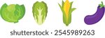 Vegetables set with White Cabbage, Napa Cabbage, Corn, Eggplant; isolated flat illustrations in transparent background