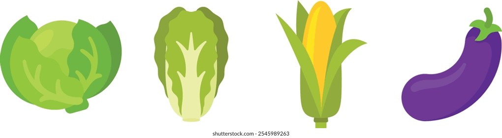 Vegetables set with White Cabbage, Napa Cabbage, Corn, Eggplant; isolated flat illustrations in transparent background