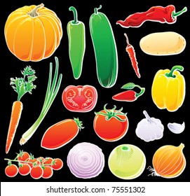 Vegetables set with white outlines on black. Each in separated layer, vector illustration
