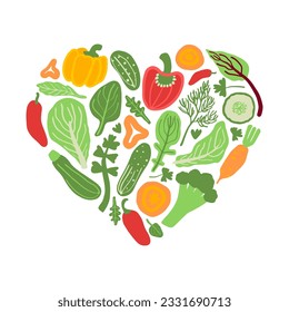Vegetables in a shape of a heart. Healthy food, diet poster. Love eating vegetables concept vector illustration. Flat, hand drawn.