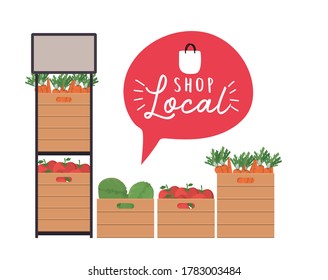 vegetables shelf and boxes with shop local inside bubble design of retail buy and market theme Vector illustration