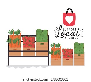 vegetables shelves and boxes with support local business design of retail buy and market theme Vector illustration