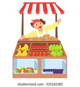 vegetables shop stall, farmers market, cartoon characters vector, Local market farmer fruit