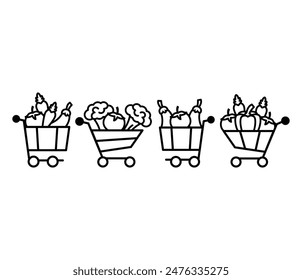 vegetables shopping cart icons vector design simple line black white color illustration collection sets