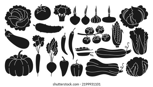 Vegetables sign silhouette stamp set. Healthy diet food farm product veggies collection. Farming harvest cauliflower, tomato broccoli, cucumber pepper carrot salad. Cooking ingredients engraving style