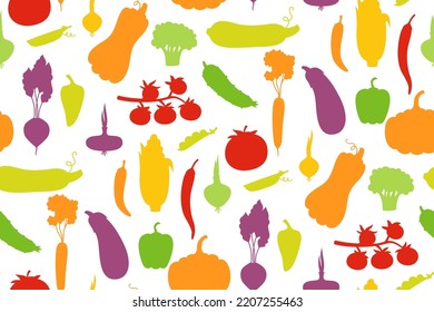 Vegetables silhouette seamless pattern, wallpaper. Healthy diet food farm product veggies endless ornament. Farming harvest shape cauliflower tomato cucumber pepper carrot. Cooking boundless decor