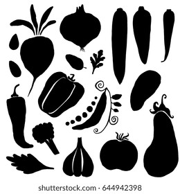 Vegetables silhouettes on white background. Hand drawn vector illustrations in trendy organic modern style for menu, packaging design. 