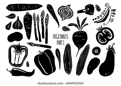 Vegetables silhouettes on white background. Hand drawn vector illustrations in trendy organic modern style for menu, packaging design. 