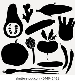 Vegetables silhouettes on white background. Hand drawn vector illustrations in trendy organic modern style for menu, packaging design. 