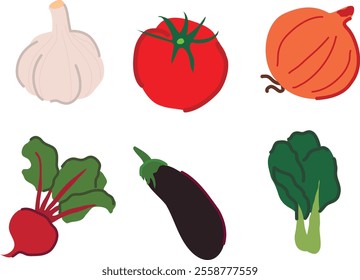 Vegetables, simple cartoon icons, farm products and healthy food