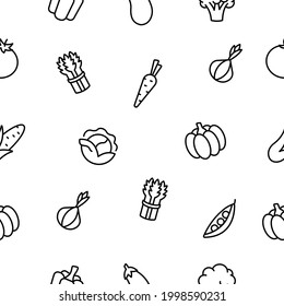 Vegetables simple seamless vector pattern on a transparent background.  Pepper, carrot, garlic, eggplant, potato, corn, broccoli, tomato, asparagus, cabbage, peas, melon.