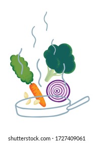 Verduras en una sinuosa sartén caliente. Remueva brócoli frito, cebolla, clavos de ajo, zanahoria. Ilustración vectorial aislada.