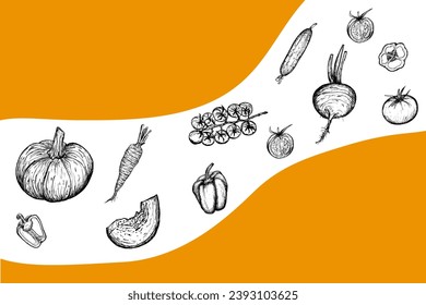 Colección de boceto de verduras en naranja rodeada. Dibujo vectorial dibujado por la mano de cosecha. Ilustración alimentaria. Estilo grabado.