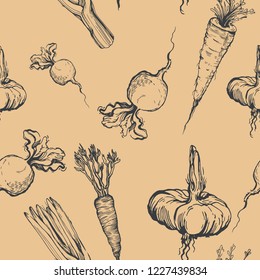 Vegetables sketch cuisine seamless with hand drawn carrot, onion, radish and leek in vintage style vector illustration for wallpaper, menu or your design