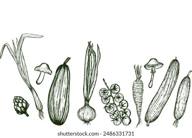 Vegetables sketch green set, hand drawn illustration on white background. Harvesting, vegetarianism.