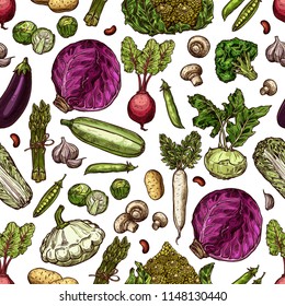 Vegetables sketch pattern background. vector seamless design of pumpkin, avocado and pepper, salad lettuce and cauliflower or mushroom, farm onion and corn or artichoke with radish or broccoli cabbage