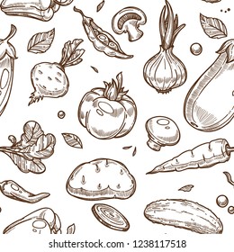 Vegetables sketch seamless pattern. Vector isolated set of organic vegetarian tomato