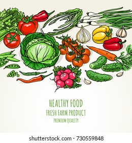 Vegetables sketchy illustration background for design. Farm organic vegetables banner. Healthy food.