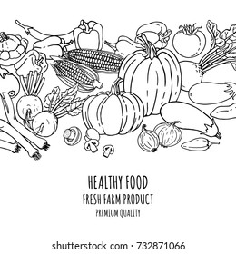 Vegetables sketchy illustration background for design. Farm organic vegetables banner. Healthy food.