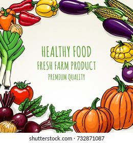 Vegetables sketchy illustration background for design. Farm organic vegetables banner. Healthy food.