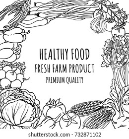 Vegetables sketchy illustration background for design. Farm organic vegetables banner. Healthy food.
