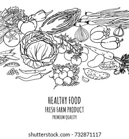 Vegetables sketchy illustration background for design. Farm organic vegetables banner. Healthy food.