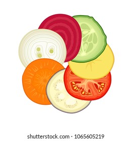 Vegetables sliced and laid in a circle. Vector illustration. Stock for salad.