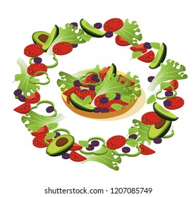 Vegetables sliced for veggie dinner. Light salad on a white background. Tomatoes, avocados, olives, paprika, lettuce leaves lined up. isometric 3d