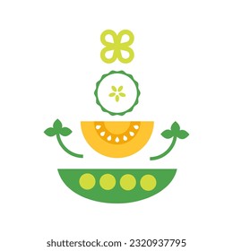 Vegetables slices. Fresh organic vegetables. Local production support concept.  Vegetable vector illustration in flat style for emblem, logo, sign or icon.